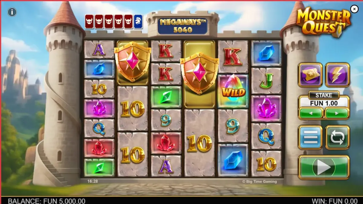 Tampilan antarmuka seluler slot Monster Quest dengan tema kastil abad pertengahan