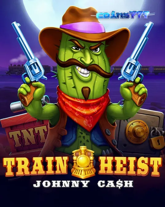 Tampilan visual slot Train Heist Johnny Cash dengan tema koboi dan kereta api di gurun
